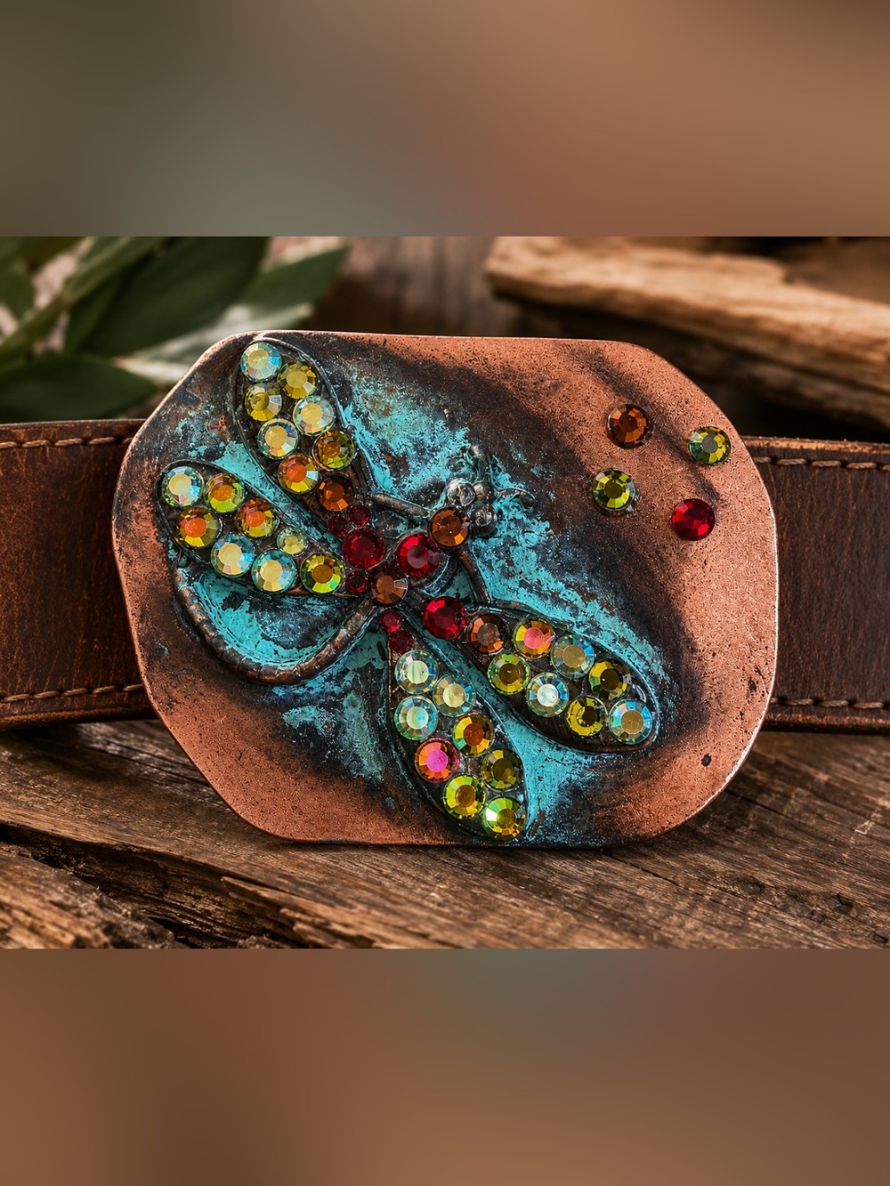 Dragonfly Rhinestone Copper Belt Buckle Artisan Patina Western Boho New